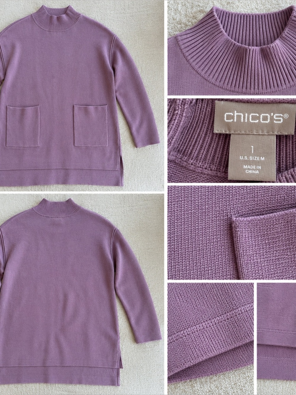 Chico's Lavender Mock Neck Longline Sweater with Pockets
